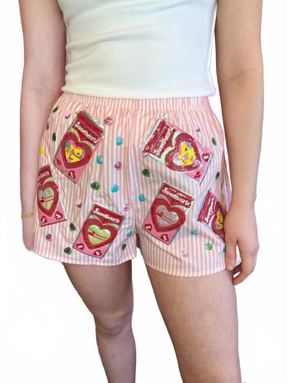 NEW QUEEN OF SPARKLES sweetheart box cotton shorts in peach/white